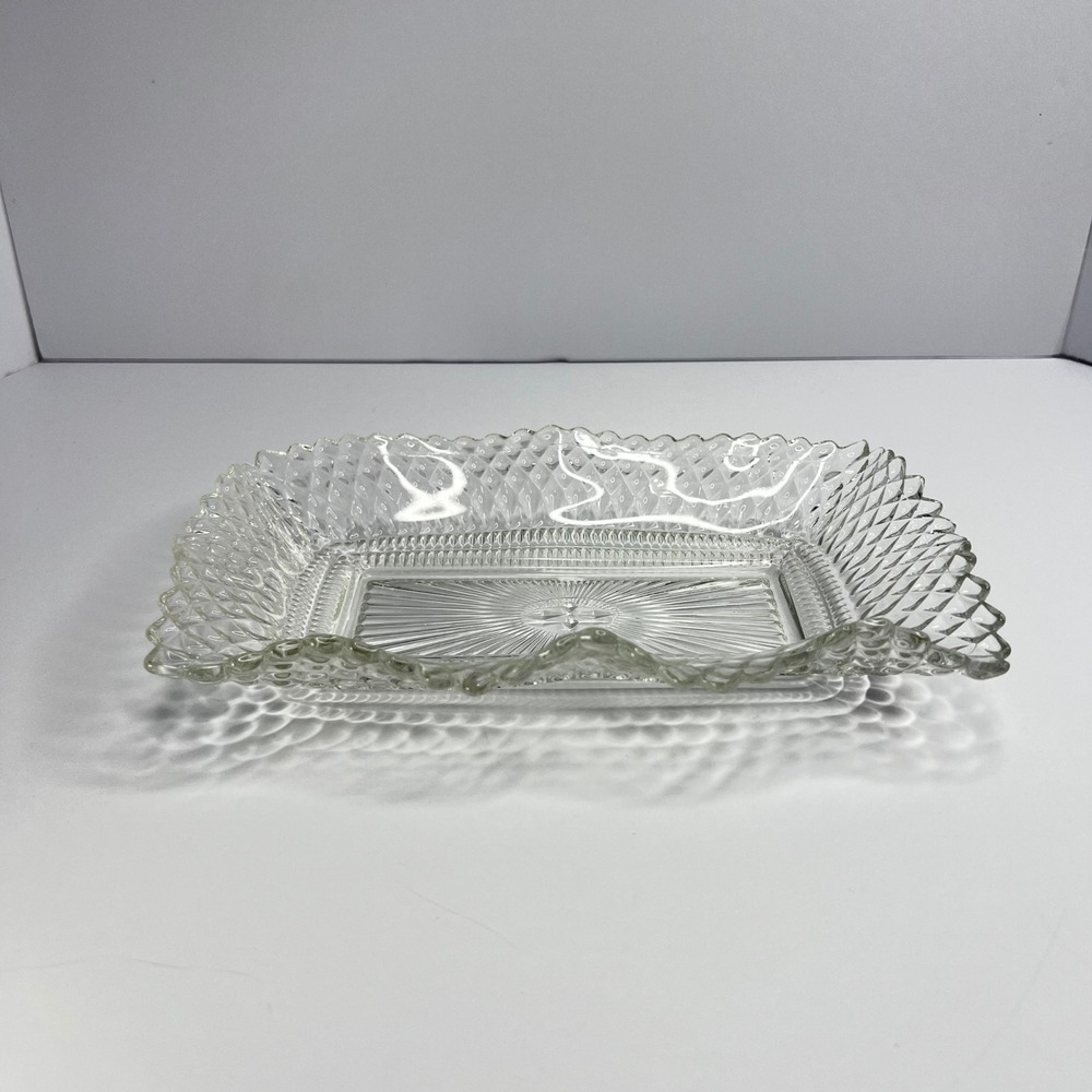 Vintage‎ Federal Glass Dish Crimped Ruffle Diamond Point Trinket Cheese High Tea